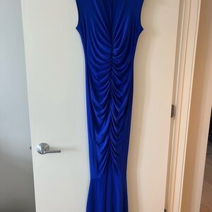 Elegant Deep V Blue Sleeveless Norma Kamali Dress